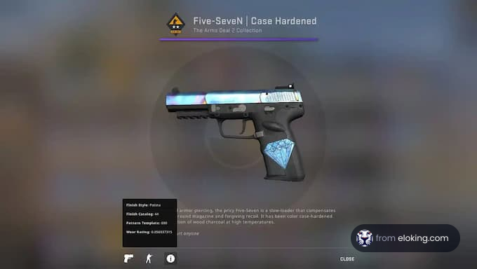 Digital display of a Five-Seven Case Hardened pistol from a video game