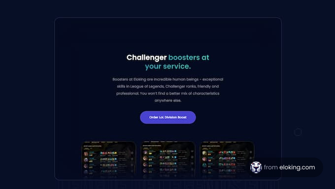 Advertisement showcasing challenger boosters for League of Legends on a dark blue background