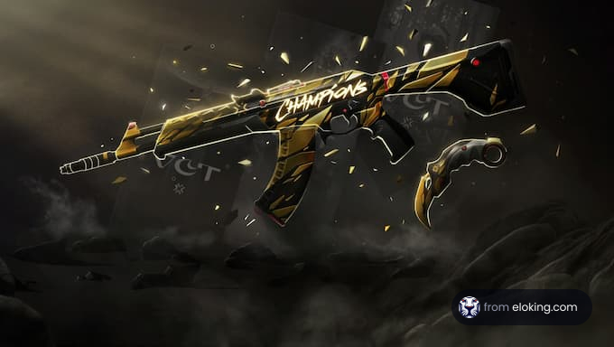 Illustration of a champions themed rifle surrounded by smoke