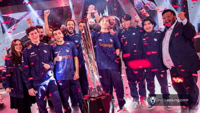 A team celebrating their championship victory with confetti and a trophy.