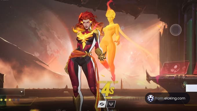 A fiery character stands heroically in a fantasy game