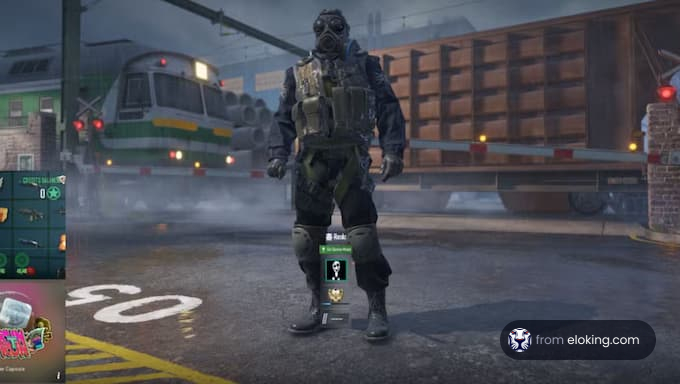 A character in a gas mask standing on a street