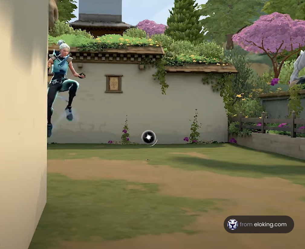 Animated character performing a jump in a lush garden while playing soccer