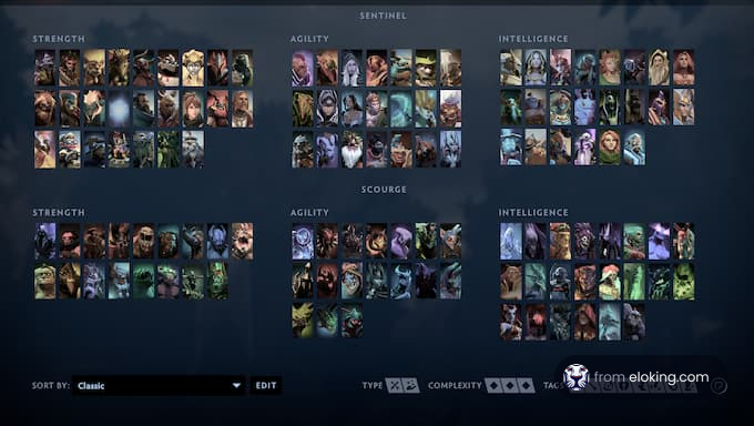 Character selection screen from a popular video game showcasing various hero categories