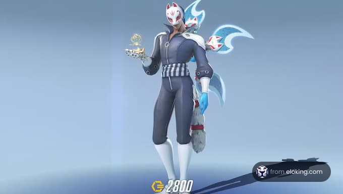 A futuristic character skin from Overwatch with a fox companion.