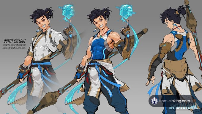 Character design showcase from various angles with magical elements.