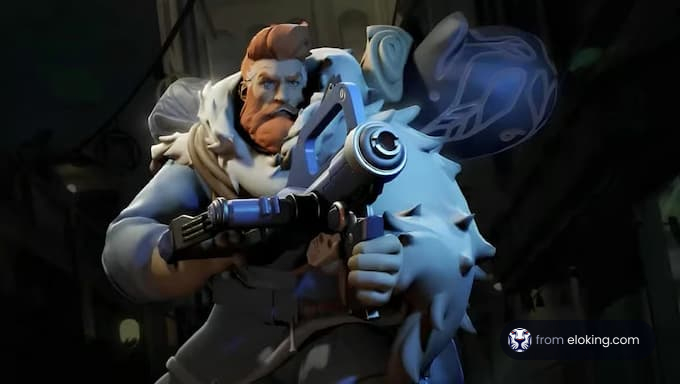 Eine Figur in einer verschneiten Umgebung, die eine Waffe hält.