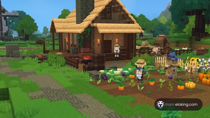 A charming virtual farmhouse scene with characters tending to a garden.