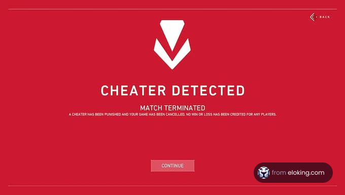 Red notification screen stating 'CHEATER DETECTED' and 'MATCH TERMINATED', with a downward arrow symbol above the text.
