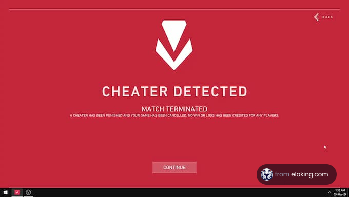 Cheater detected notification on a red background with match termination information