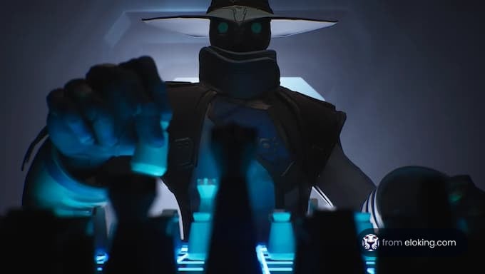 A mysterious character playing chess in a futuristic setting.