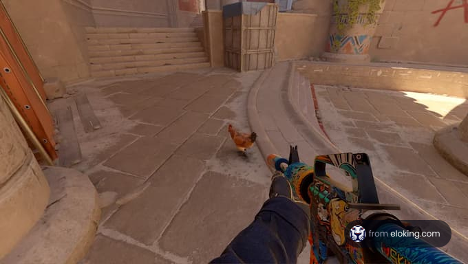 A player in a game points a weapon at a chicken in a vibrant game environment