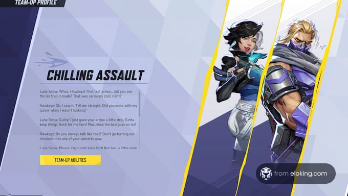 Chilling Assault team-up profile featuring characters Luna Snow and Hawkeye.