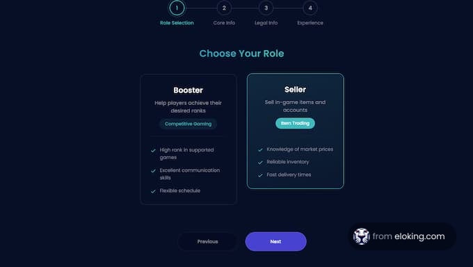 Select your role as a Booster or Seller for competitive gaming.