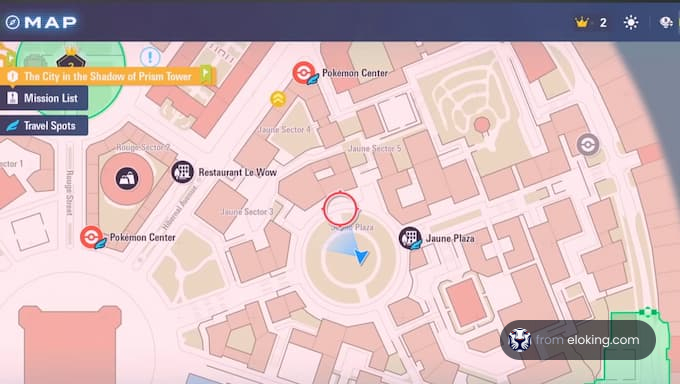 Karte der Stadt im Schatten des Prism Towers mit markierten Schlüsselorten.