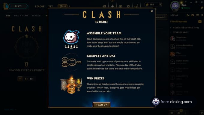 Clash event guide for team assembly and competition.