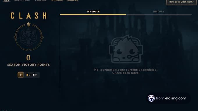 Clash tournament schedule showing no tournaments currently scheduled.