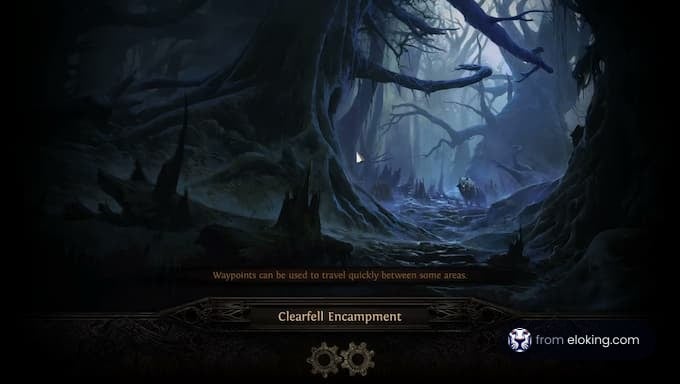 A misty forest landscape in the Clearfell Encampment from a game.