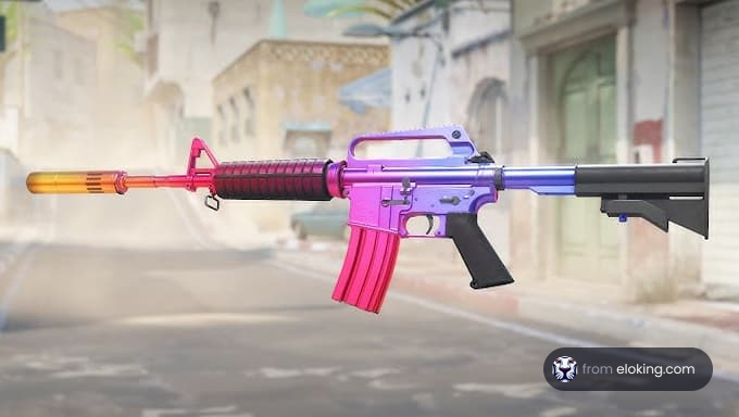 ピンク、紫、青の混合を特徴としたカラフルなエアソフトガンデザイン。