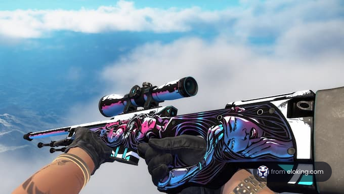 Colorful anime-style sniper rifle against a cloudy sky