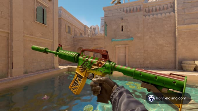 Player holding a colorful assault rifle in a video game environment