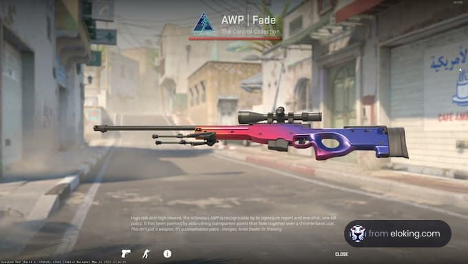 Colorful AWP Fade sniper rifle from CS:GO displayed against an urban backdrop
