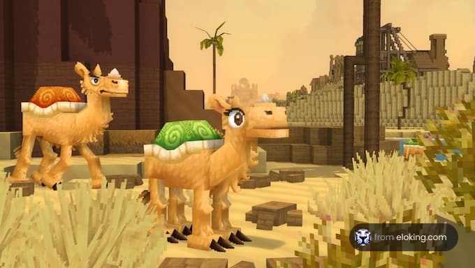 Due cammelli colorati in un paesaggio deserto