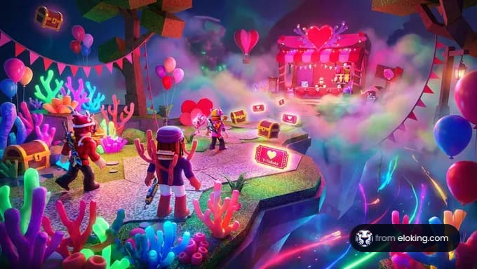 Eine bunte Karnevalsszene mit verspielten Charakteren und festlichen Dekorationen.