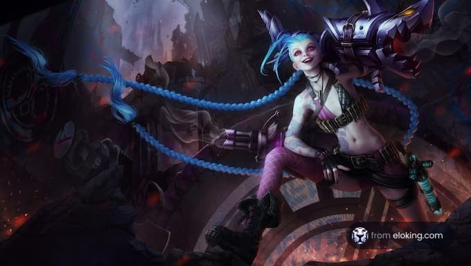 A colorful character with blue hair and a gun in a city background.