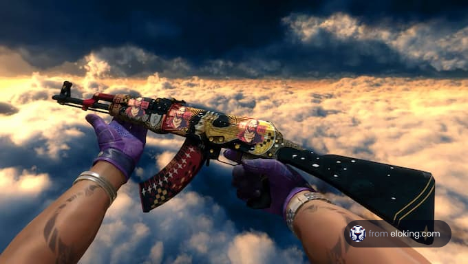 A colorful custom AK-47 held in hand against a cloud background