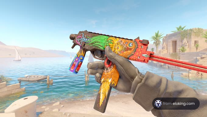 Vibrantly painted rifle held by a character in a coastal virtual game environment