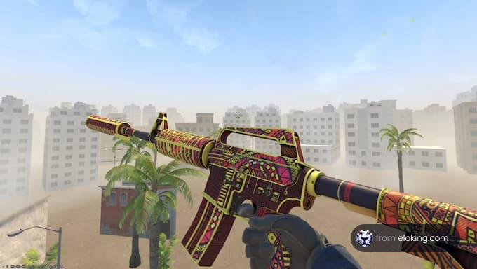 Colorful decorated sniper rifle being aimed in a video game with urban background