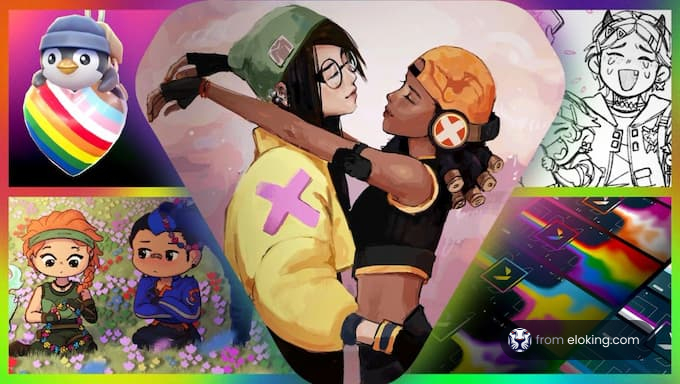 A colorful illustration of a couple hugging in a vibrant digital art style.