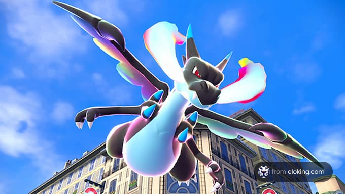 A colorful dragon-like Pokémon flying in the sky.
