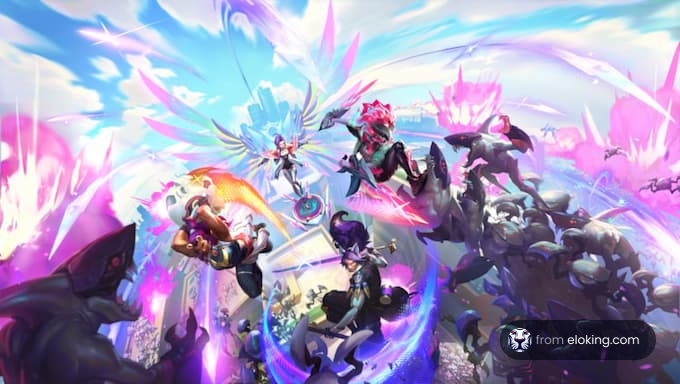 Vibrant fantasy battle scene with mythical creatures and warriors