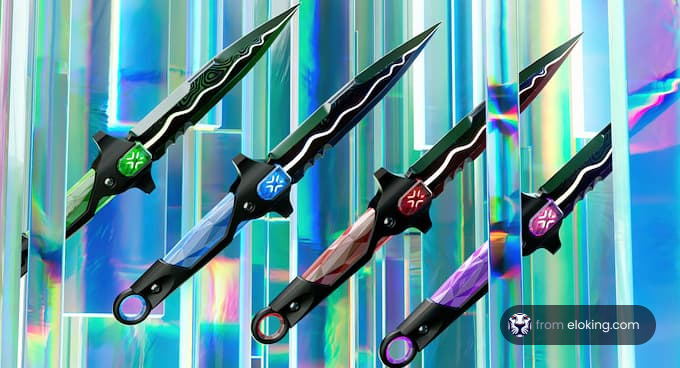 A collection of colorful fantasy daggers against a holographic background