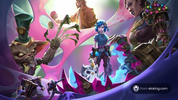 Une illustration dynamique et colorée de personnages de jeu fantastique en action