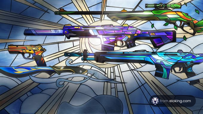 Colorful fantasy weapons displayed in a stained glass style