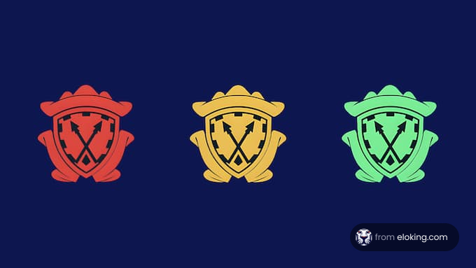 Three colorful firefighter badges in red, yellow, and green on a blue background