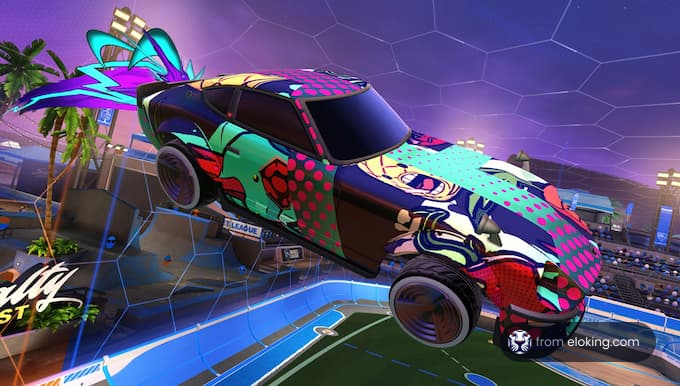 Colorful futuristic car flying in an arena with neon lights