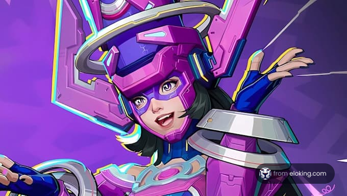 Kolorowa futurystyczna postać z radosnym wyrazem twarzy