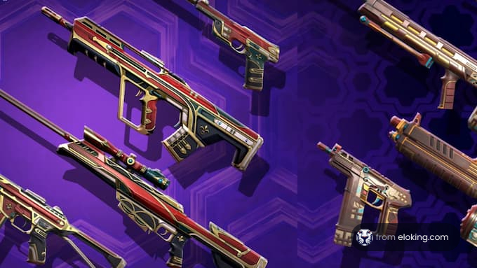 Colorful futuristic firearms with intricate designs on a purple background