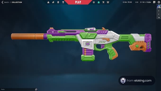 Colorful futuristic game rifle with green, purple, and orange details