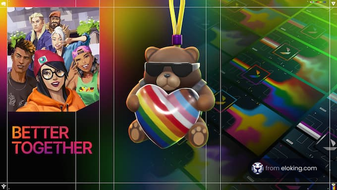 Diverse group of gaming characters and a bear keychain promoting unity