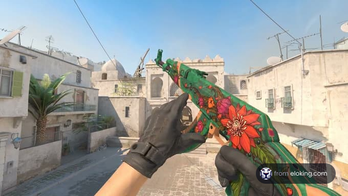 Colorful gun skin in an action scene