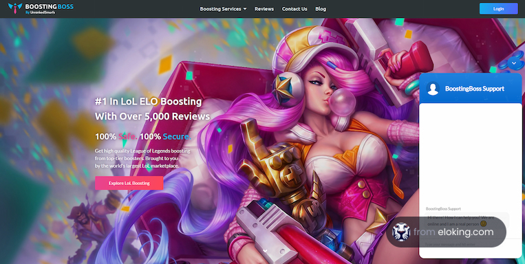 Colorful illustration of a female character from League of Legends for an ELO boosting service advertisement