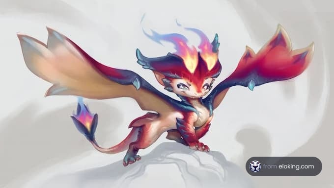 Colorful mythical dragon with fiery mane in dynamic pose