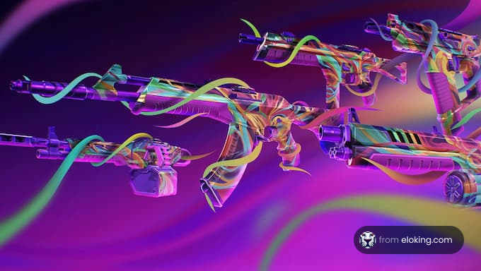 Colorful neon-lit futuristic weapons floating in a gradient purple space