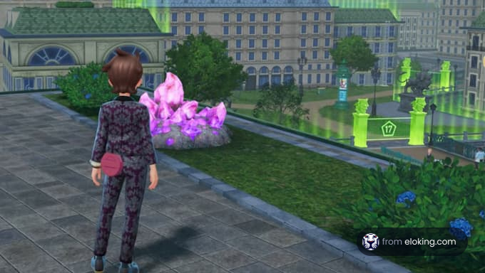 Krāsaini parka skati ar kristāliem un ēkām fonā.