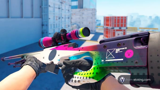 A close-up view of a colorful sniper rifle held by a gloved hand.